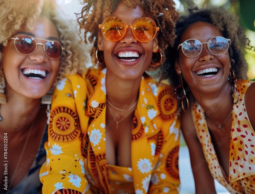 Three young women standing together, wearing sunglasses and smiling happily Three young women standing together, wearing sunglasses and smiling happily