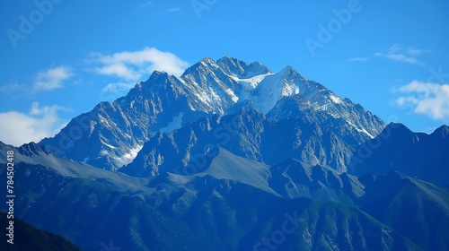 capped mountain range against a clear  blue sky