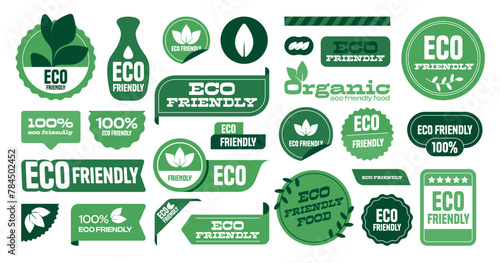 Fototapeta Naklejka Na Ścianę i Meble -  Eco friendly logo. Eco green leaf label, natural organic concept, energy conservation and recycling, organic product stamp. Vector isolated set. Package badges of different shapes for retail