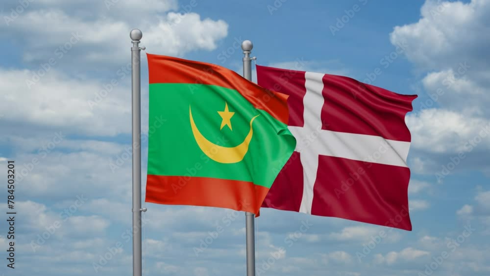 Denmark and Mauritania two flags waving together, looped video, two country relations concept Denmark and Mauritania two flags waving together, looped video, two country relations concept
