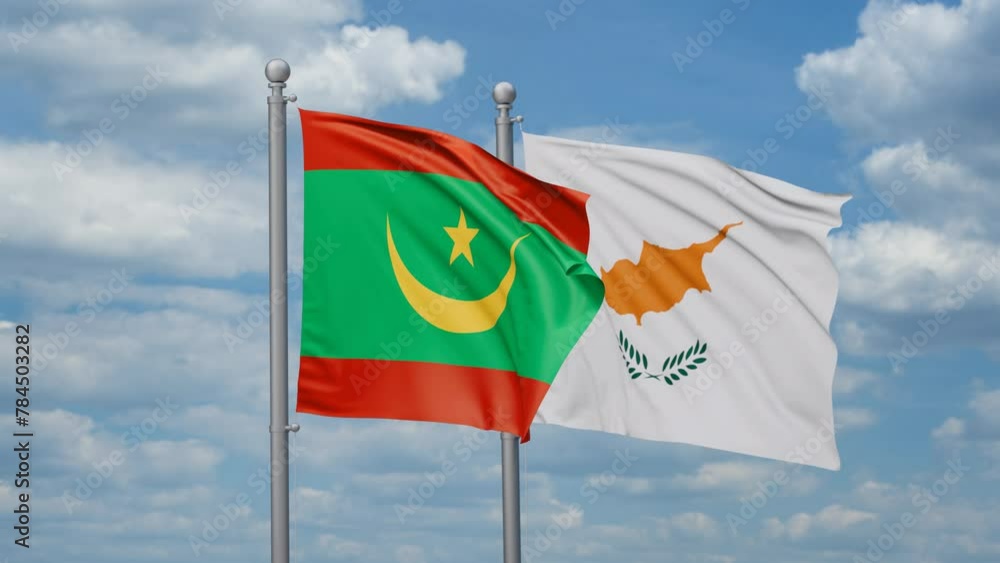 Cyprus and Mauritania two flags waving together, looped video, two country relations concept Cyprus and Mauritania two flags waving together, looped video, two country relations concept
