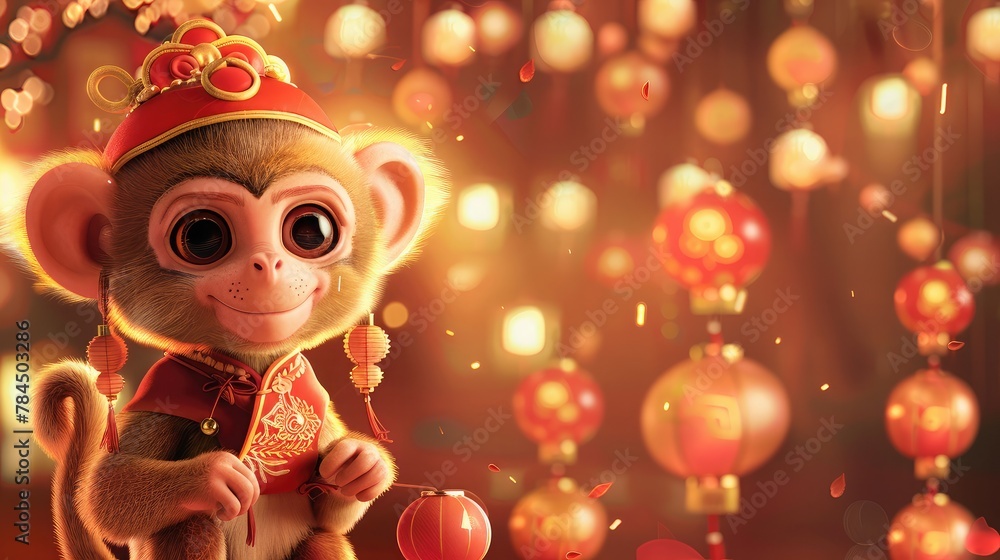 banner background National Bengali New Year (Poila Baisakh) Day theme, and wide copy space, A humorous illustration of a mischievous monkey playing with Poila Baisakh decorations