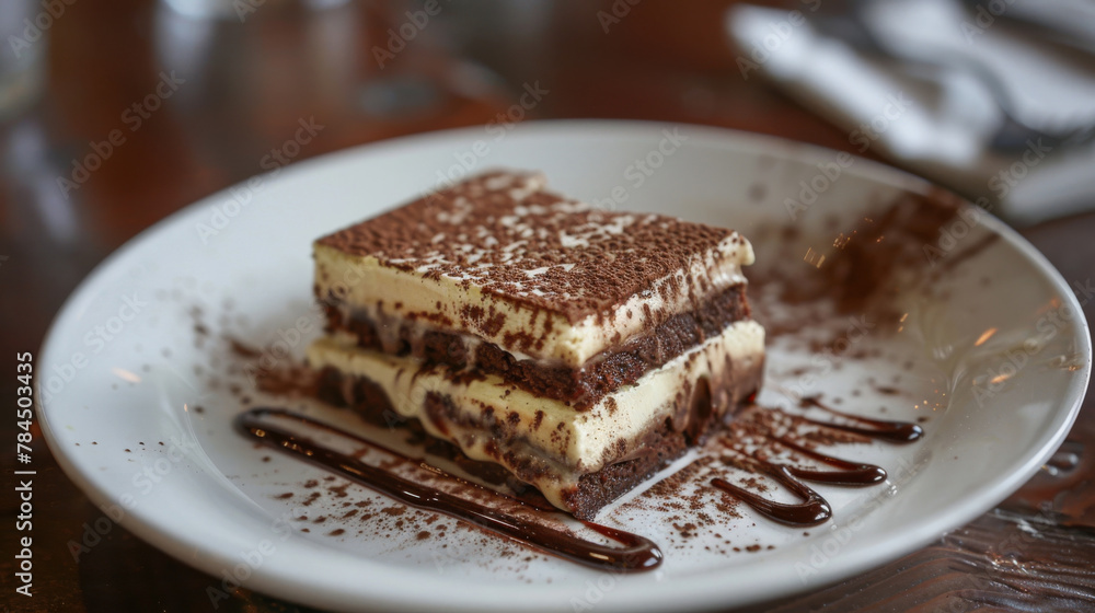 Authentic tiramisu sprinkled with cocoa on elegant dish, an italian classic Authentic tiramisu sprinkled with cocoa on elegant dish, an italian classic