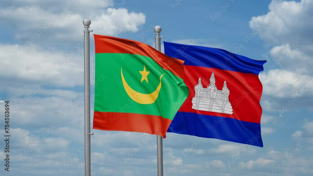 Cambodia and Mauritania two flags waving together, looped video, two country relations concept Cambodia and Mauritania two flags waving together, looped video, two country relations concept