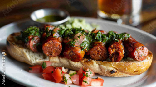 Authentic argentinian choripan served with fresh chimichurri and diced tomato salad on a wooden table