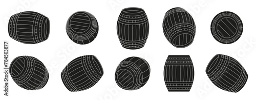 Black barrels. Wooden keg containers for alcohol storage, pub brewery bar restaurant equipment, cartoon cask with beverage. Vector isolated set