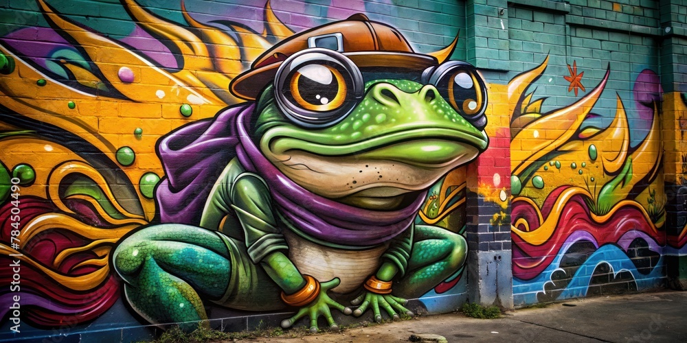 Green cartoon frog character with big eyes doing graffiti on a wall