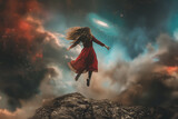 Girl doing a jump fly to the Universe. Fantasy collage style illustration.
