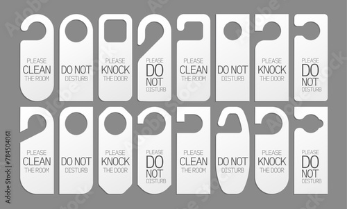 Door knob hangers. Do not disturb sign for hotel room, paper tag with message knock make noise, room occupied label. Vector isolated set
