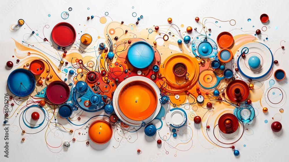 Abstract Array of Colorful Spheres and Circular Forms on a White Background