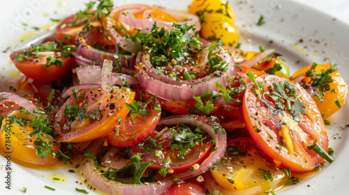 Freshly prepared tomato salad with onions and herbs, a traditional dish in argentina