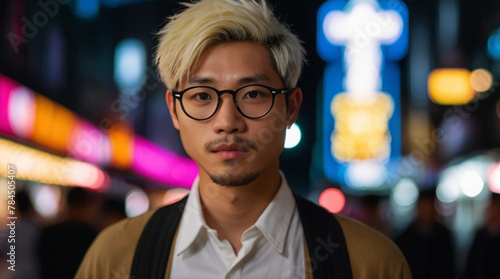 Closeup portrait of an attractive young blonde fashionable Japanese man in street full of bright glowing neons in the background