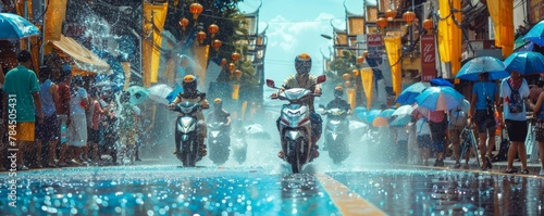 Dynamic scene of a motorbike convoy during Songkran riders doused in blue water by bystanders