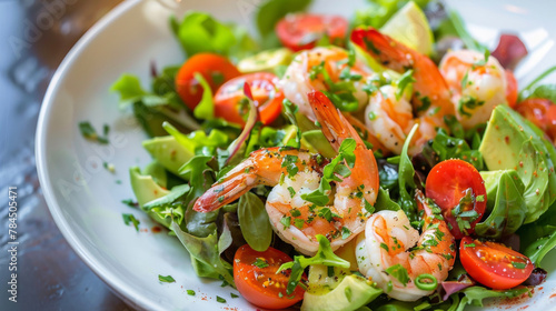 Fresh argentine shrimp salad with avocado and tomatoes served on a plate