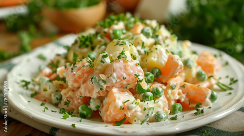 Colorful argentine potato salad garnished with peas and herbs