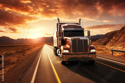 truck driving on a highway during sunset in the desert photo