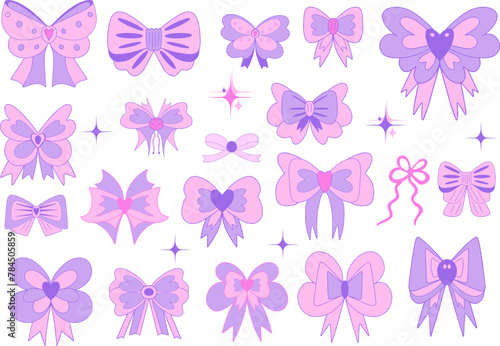 Cute pink bow set y2k 90s style. Ribbon girly icon for card, sticker, print design. Pink glamour vector illustration.