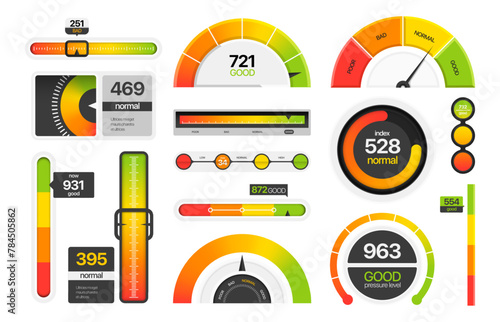 Gauges measuring scale. Tachometer dial speedometer bar graph, progress bar and score level indicators. Vector infographic elements © Frogella.stock