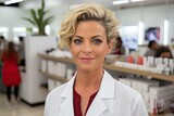 female pharmacist in white coat at pharmacy