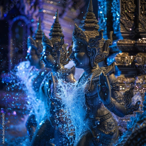 Festive Songkran celebration on a Thai temple compound