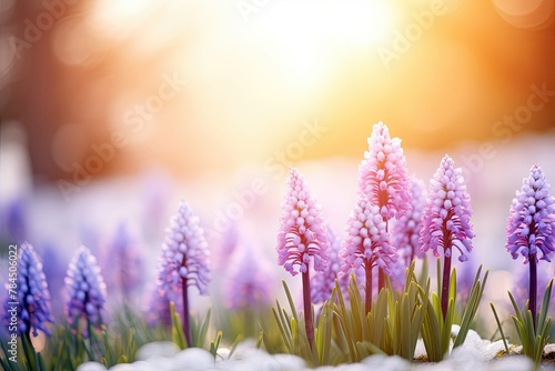 purple hyacinth flowers covered with snow