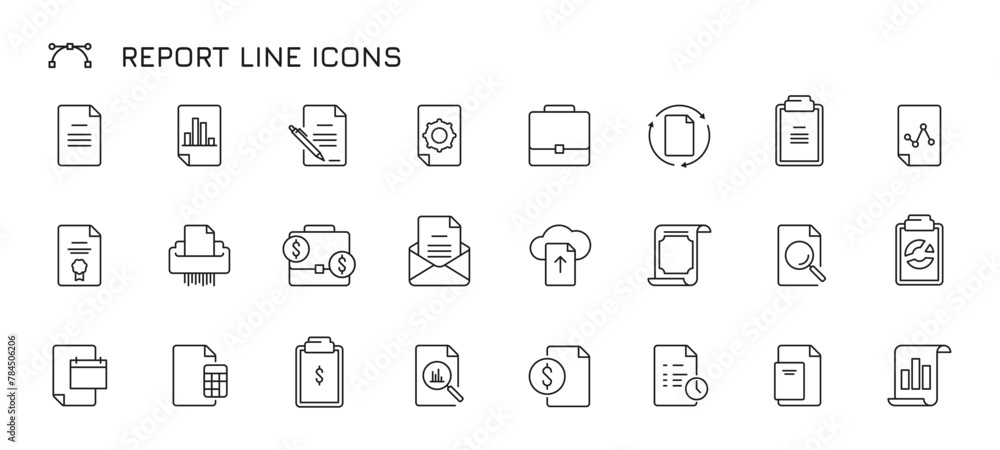 Report line icons. Check mark, tick, download and upload, data analyze and generate, graph and chart, document and research. Vector infographic symbols