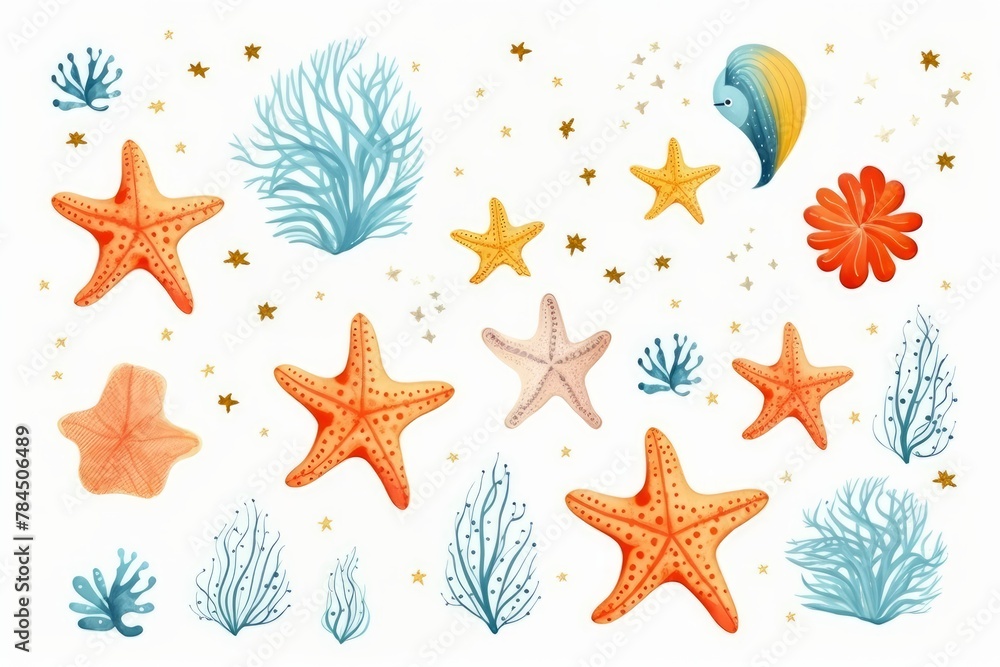 Sea animals and plants, a set of cartoon doodles with hand-drawn elements of marine life, illustration.