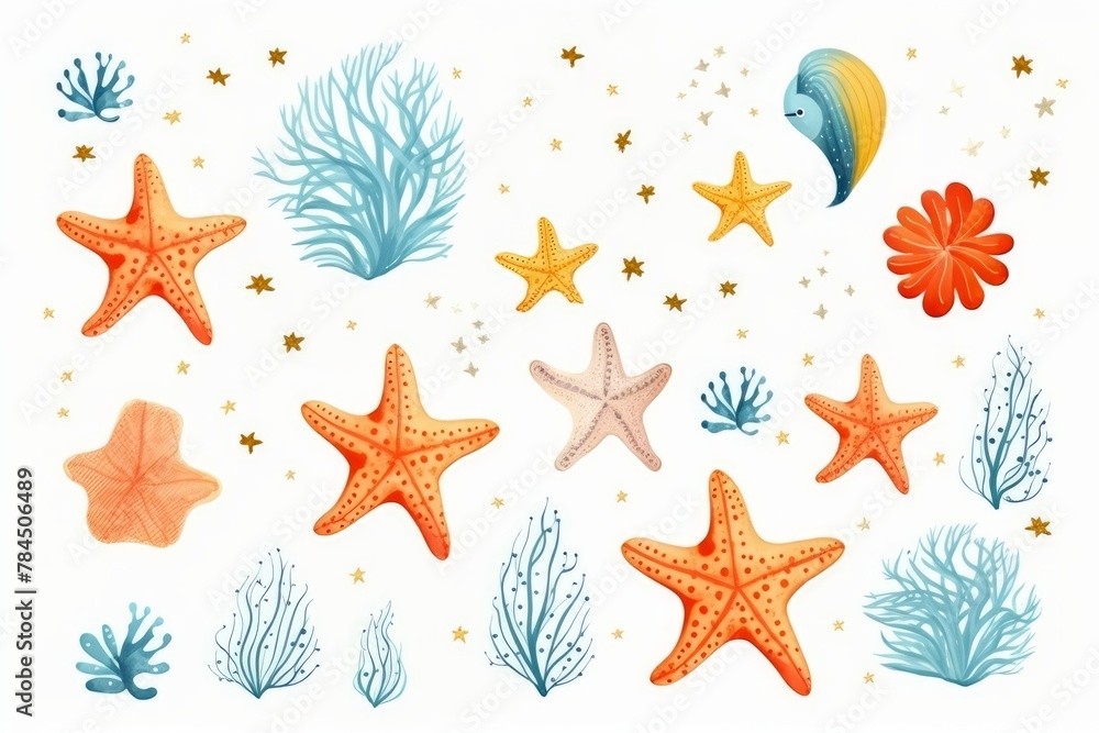 Sea animals and plants, a set of cartoon doodles with hand-drawn elements of marine life, illustration. Sea animals and plants, a set of cartoon doodles with hand-drawn elements of marine life, illustration.