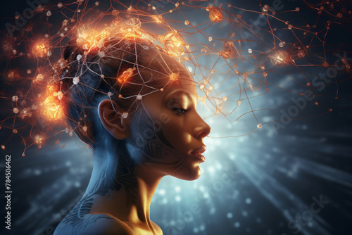 Glowing neural impulses in a girl's brain, the cosmos inside a person.Glowing Neural Network Connections, Neural chip. Science and medical health. Futuristic Digital Human 