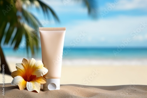 Sunscreen lotion on sandy beach. Summer beach, vacation concept, UVA and UVB protection cosmetics. Mock up, copy space. 