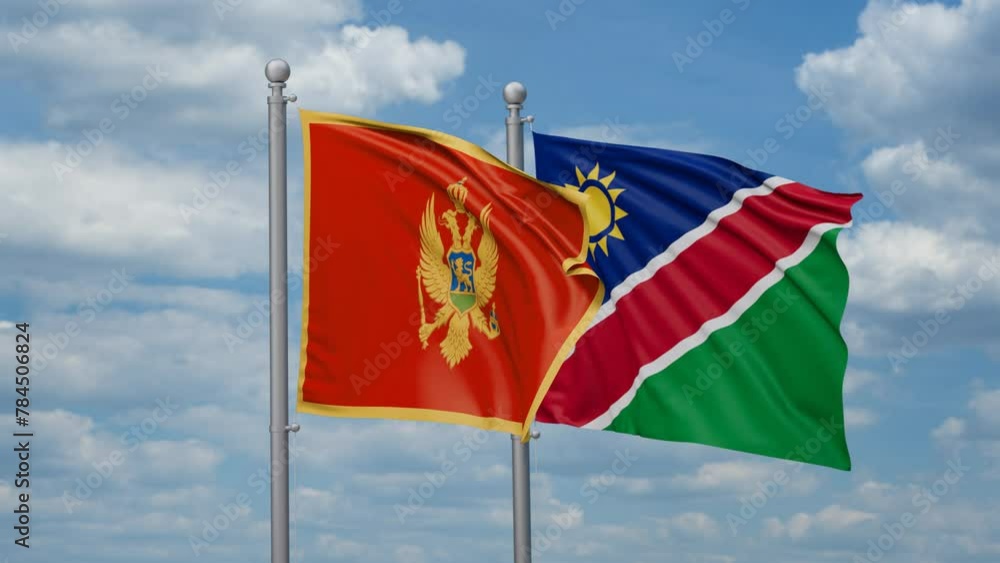 Montenegro and Namibia two flags waving together, looped video, two country relations concept Montenegro and Namibia two flags waving together, looped video, two country relations concept