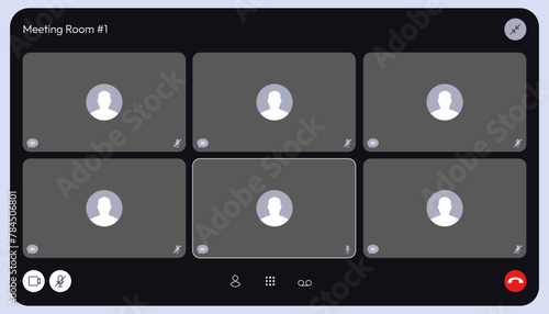 Video conference overlay. Online meeting UI elements, webinar screen with participants and speaker, video call with chat. Vector mockup