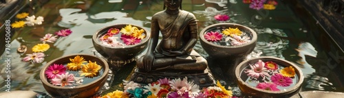 High-angle view of a Buddha statue surrounded by water bowls filled with floral offerings