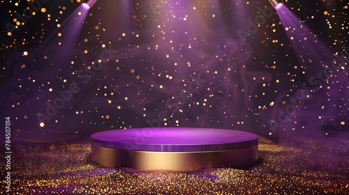 purple podium product stage with spotlight and golden glitter background