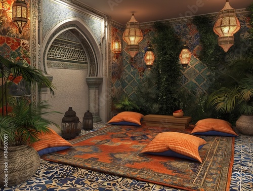 A room with a rug, pillows, and lamps. The room has a warm and inviting atmosphere