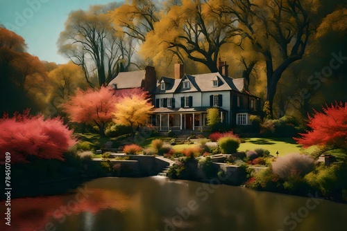 a charming house by the river, where colorful trees and a profusion of wild, vibrant blooms create a harmonious landscape.