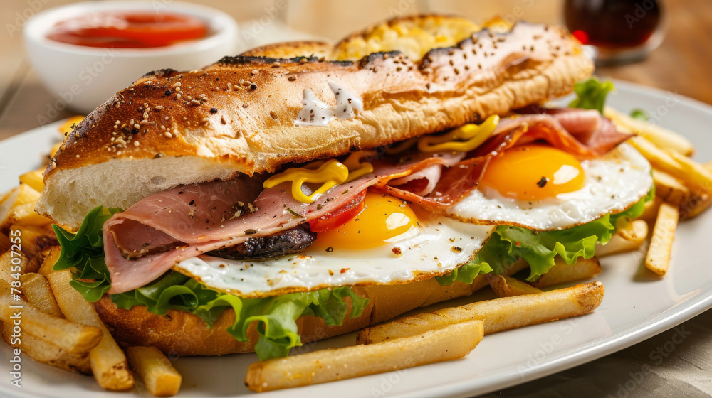 Delicious sandwich with eggs, ham, and fries on a wooden table Delicious sandwich with eggs, ham, and fries on a wooden table
