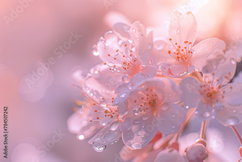 A close up of a pink flower with droplets of water on it. The flower is surrounded by a blurry background, giving it a dreamy and ethereal quality
