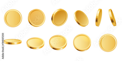 3D golden coins. Realistic blank yellow brass or gold coin different views. Payment and investment, bank and finance, money symbol isolated vector set. Glossy rotating currency animation