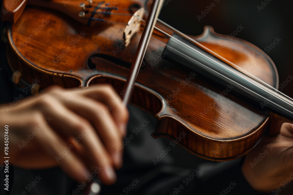 A person is playing a violin, and the image conveys a sense of elegance and sophistication. The person's hand is skillfully holding the instrument, and the violin itself is a beautiful A person is playing a violin, and the image conveys a sense of elegance and sophistication. The person's hand is skillfully holding the instrument, and the violin itself is a beautiful