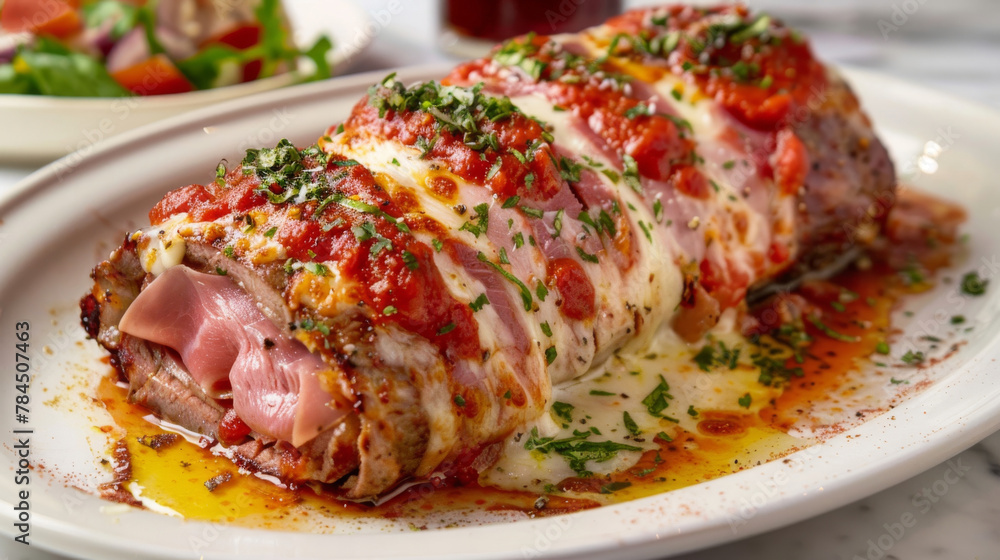 Delectable matambre relleno, a traditional argentine dish, served with fresh tomato sauce Delectable matambre relleno, a traditional argentine dish, served with fresh tomato sauce