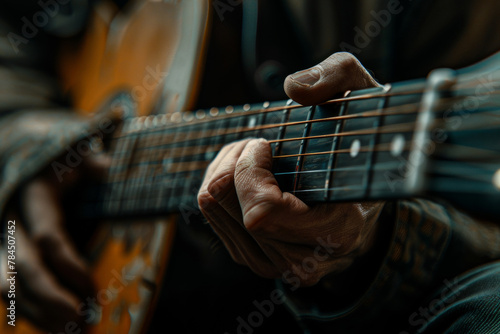 A person is playing a guitar with their left hand. Concept of relaxation and enjoyment, as the person is likely strumming the strings to create music. The guitar itself is a beautiful instrument