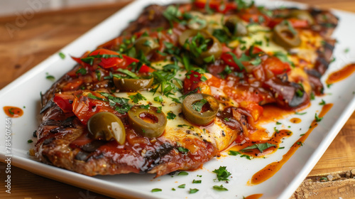 Succulent argentinian matambre steak topped with pizza ingredients, served on a white plate