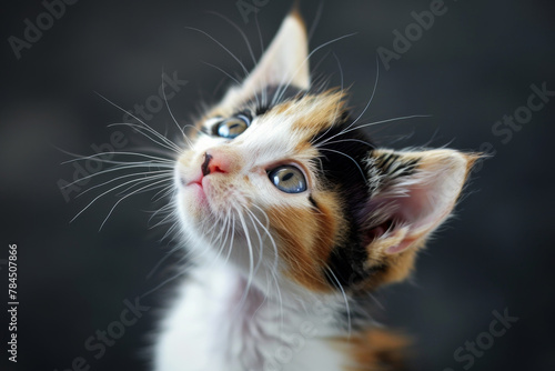 A kitten with a blue eye is looking up at the camera. The kitten has a black nose and a white nose © mila103