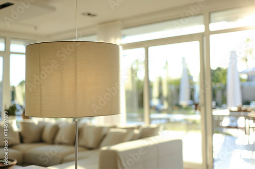 Close-up of a A modern lampshade sunny table, modern living room with large windows and white ceiling photo