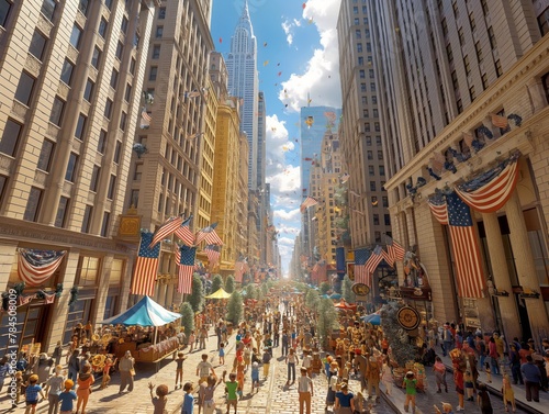 A busy city street with a large crowd of people and many flags. The flags are mostly American and there are also some flags from other countries. Scene is lively and festive