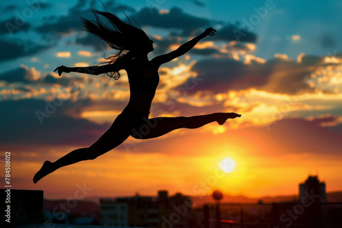A woman is jumping in the air with her arms outstretched. The sky is a beautiful orange and pink color, and the city below is lit up with lights. Concept of freedom and joy
