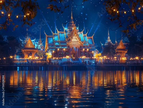 Luminous night scene during Songkran blue water illuminated by street lamps