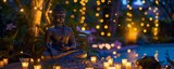 Nighttime Songkran celebration at home with a Buddha statue lit by fireflies and fairy lights