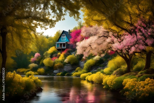 a riverside dwelling kissed by the captivating colors of blooming trees and a riot of wild, colorful flowers. photo